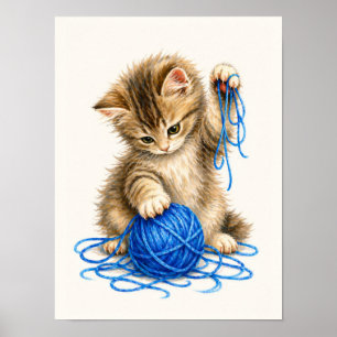 Poster Joli chaton tabby jouant avec du fil bleu