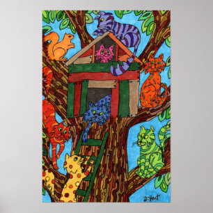 Poster Joli chats colorés Maison d'arbre Carton Whimsical