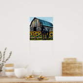 Poster Joli cheval noir et grange rustique avec tournesol (Cuisine)