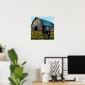 Poster Joli cheval noir et grange rustique avec tournesol (Bureau à domicile)