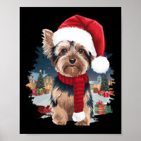 Joli Chien Yorkie Noël Père Noël Chapeau Écharpe H