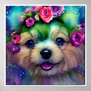 Poster Joli chiot blanc avec des fleurs dans la tête