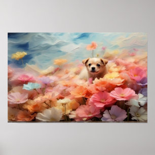 Poster Joli chiot brun debout floral téléchargeable
