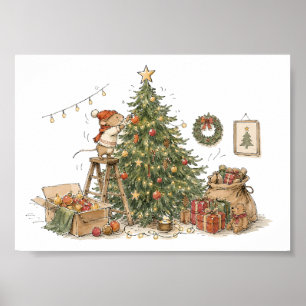 Poster Joli décor de souris décorant un arbre de Noël pou