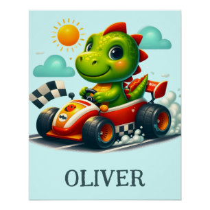 Poster Joli dinosaure vert dans une voiture de course