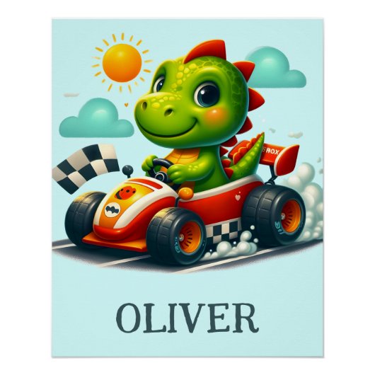 Poster Joli dinosaure vert dans une voiture de course (Devant)