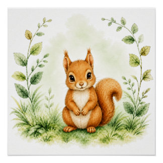 Poster Joli écureuil rouge botanique faune aquarelle