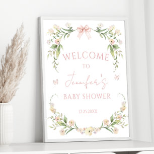 Poster Joli Elégant rose Floral Baby Girl Douche Bienvenu