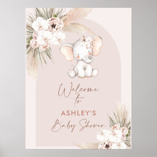 Poster Joli éléphant Floral Boho Arch Baby shower Bienven (Devant)