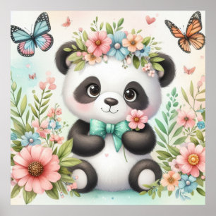Poster Joli et drôle d'ours panda parmi les fleurs aquare