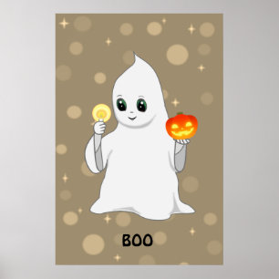Poster Joli fantôme et citrouille d'Halloween sur fond be