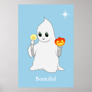 Poster Joli fantôme et citrouille d'Halloween sur fond bl