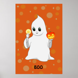 Poster Joli fantôme et citrouille d'Halloween sur fond or