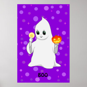 Poster Joli fantôme et citrouille d'Halloween sur fond vi