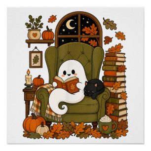 Poster Joli fantôme lisant un livre Chat noir Automne Cit
