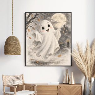 Poster Joli fantôme vintage d'Halloween sous la pleine lu