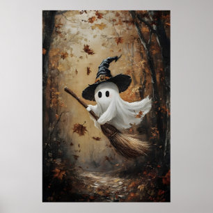 Poster Joli fantôme volant sur un balai de sorcière en au
