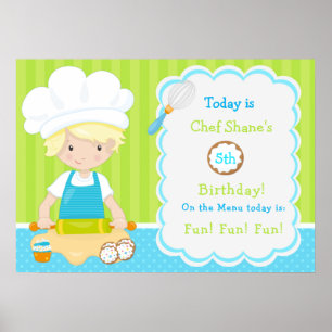 Poster Joli garçon blond préparant un gâteau d'anniversai