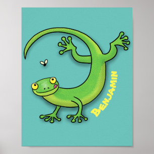 Poster Joli gecko vert salutations avec dessin animé