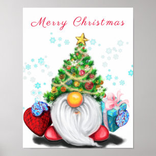 Poster Joli Gnome avec chapeau de sapin de Noël et affich