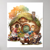 Poster Joli Gnome, Champignon et Maison Heureuse (Devant)