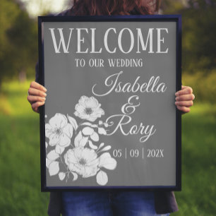 Poster Joli gris et blanc Mariage Floral Bienvenue