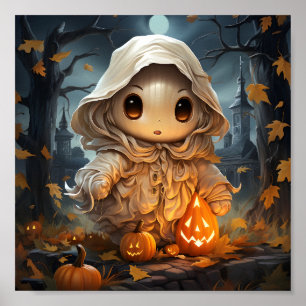 Poster Joli Halloween Petit Fantôme Avec Citrouilles Oran