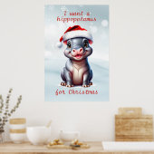 Poster Joli Hippopotame Santa Hat Snowy Noël (Cuisine)