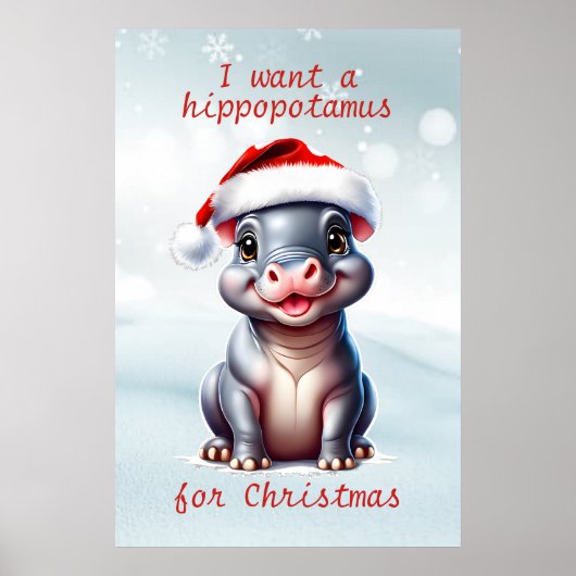 Poster Joli Hippopotame Santa Hat Snowy Noël (Devant)