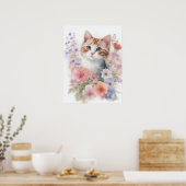 Poster Joli Kitten à l'aquarelle avec des fleurs (Cuisine)