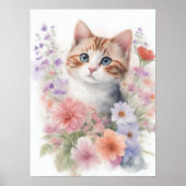 Poster Joli Kitten à l'aquarelle avec des fleurs (Devant)