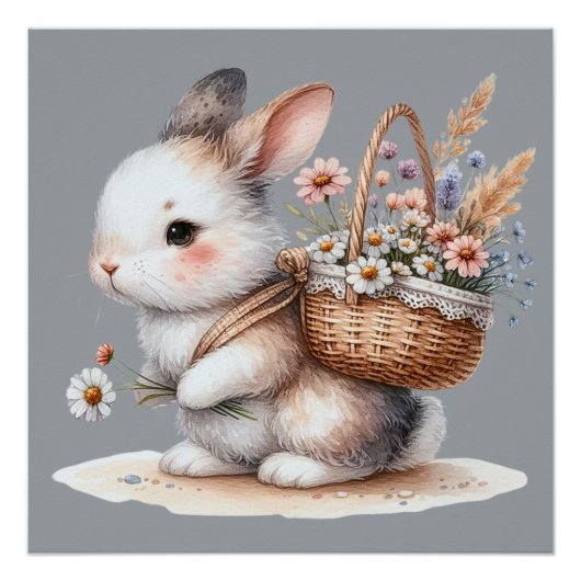 Poster Joli lapin aux fleurs Aquarelle Art (Devant)