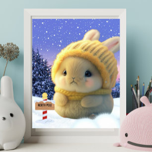 Poster Joli lapin avec casquette tricot jaune et écharpe