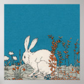 Poster Joli lapin blanc assis en Fleurs sur bleu (Devant)