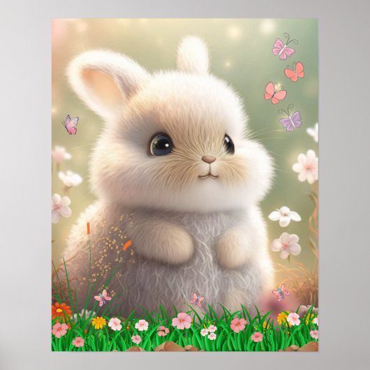 Poster Joli Lapin Blanc dans le Jardin de Fleurs Art pour (Devant)