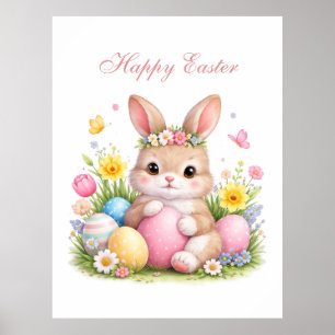 Poster Joli lapin de Pâques aux pivoines rose pâle