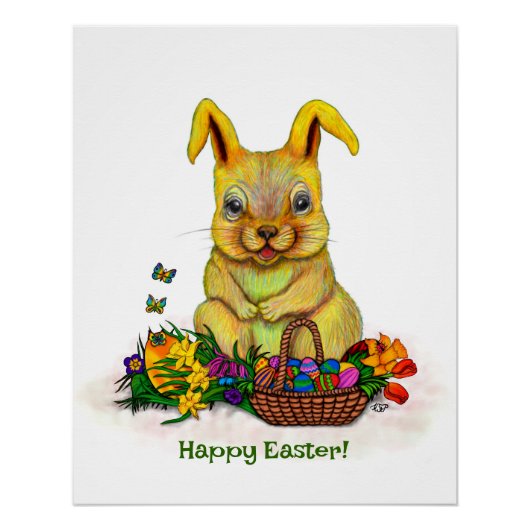 Poster Joli lapin de Pâques avec oeufs et fleurs (Devant)
