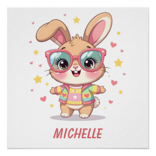 Poster Joli lapin féminin avec monogramme portant des lun
