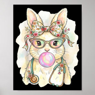Poster Joli lapin infirmière de Pâques au bubble-gum avec