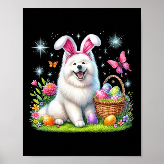 Poster Joli lapin Samoyé Chien Pâques Oeufs Pâques Pâques (Devant)