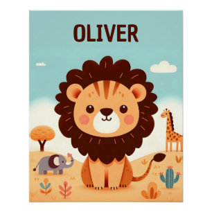 Poster Joli Lion Kawaii avec des Amis de Safari
