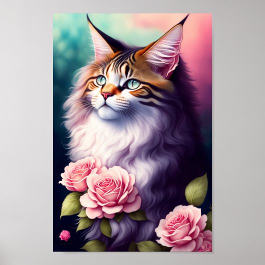 Poster Joli Maine Coon & Fleurs Portrait (Devant)