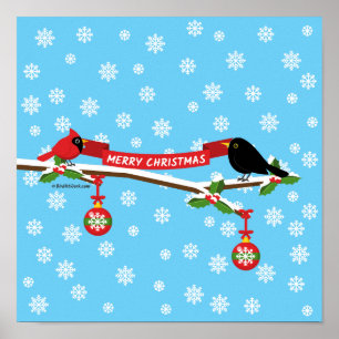 Poster Joli Merle et Cardinal sur une Branche - JOYEUX NO