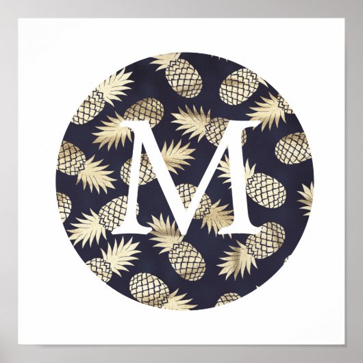Poster joli monogramme de pineapple en feuille dorée faus (Devant)