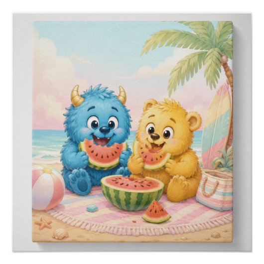 Poster Joli monstre Déjeuner sur la plage de pastèque Art (Devant)