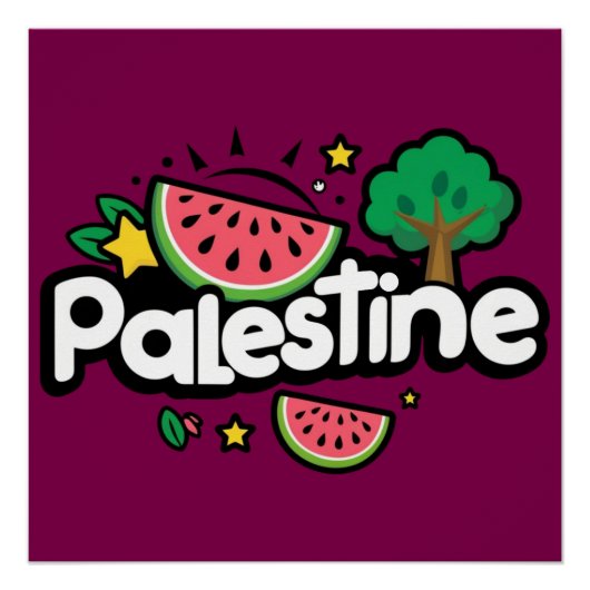 Poster Joli mot Palestine entouré d'arbre de pastèques (Devant)