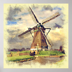 Poster Joli moulin à vent hollandais rustique vintage aqu
