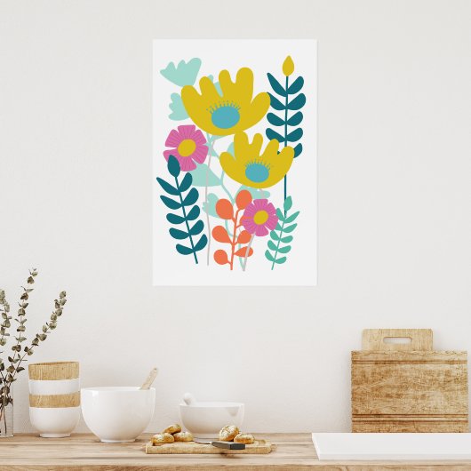 Poster Joli mur jaune vert fleuri (Cuisine)