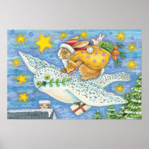 Poster Joli Noël avec un lapin en Père Noël sur un hibou