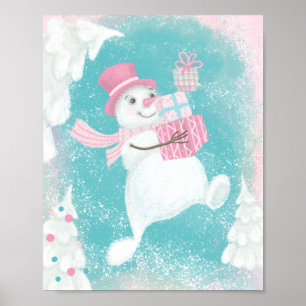 Poster Joli Noël Snowman rose et menthe
